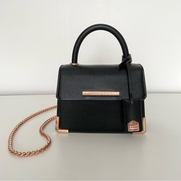 Aldo Women's Micro Mini Black Top Handle Crossbody Bag Rose Gold Chain Strap - Picture 2 of 14